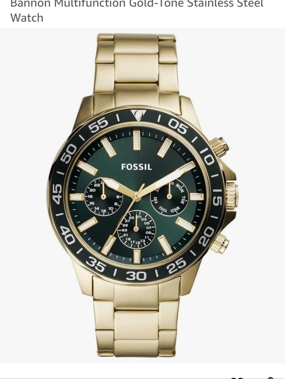 Fossil Gold-Tone Bracelet Watch with Green Dial and Black Bezel 45 MM